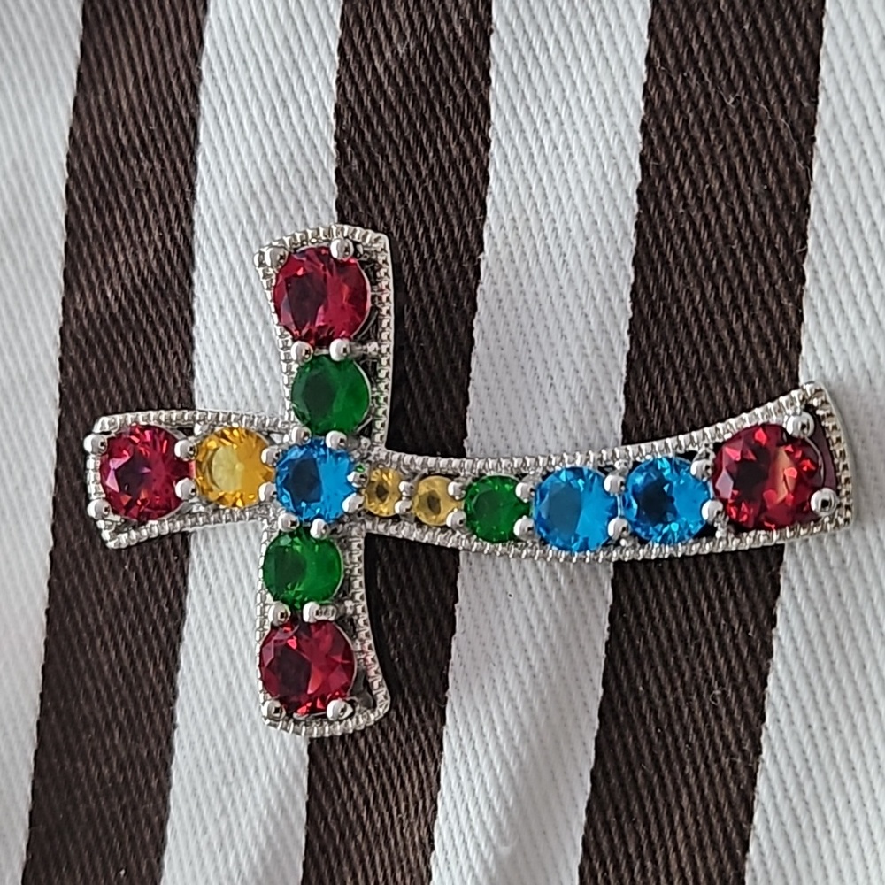 Large Sterling Silver Multi-Coloured Gems Cross Pendant